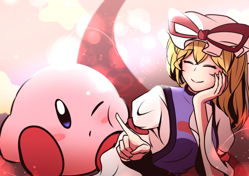 1girl ^_^ absurdres blonde_hair blush_stickers cheek_poking closed_eyes closed_mouth dress hand_on_own_cheek hand_on_own_face hand_up hat hat_ribbon highres kirby kirby_(series) lens_flare light_particles long_hair long_sleeves mob_cap one-hour_drawing_challenge one_eye_closed pink_ribbon poking purple_tabard ribbon rinkaito1231 sketch smile tabard touhou upper_body white_dress white_hat yakumo_yukari