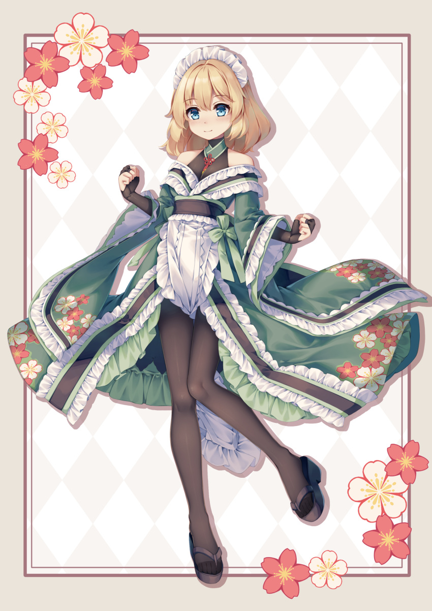1girl absurdres alice_margatroid alternate_costume black_bridal_gauntlets black_pantyhose blonde_hair blue_eyes breasts bridal_gauntlets closed_mouth floral_print frilled_kimono frills full_body green_kimono highres japanese_clothes kimono long_sleeves maid_headdress mechrailgun pantyhose sandals small_breasts smile toes touhou wide_sleeves