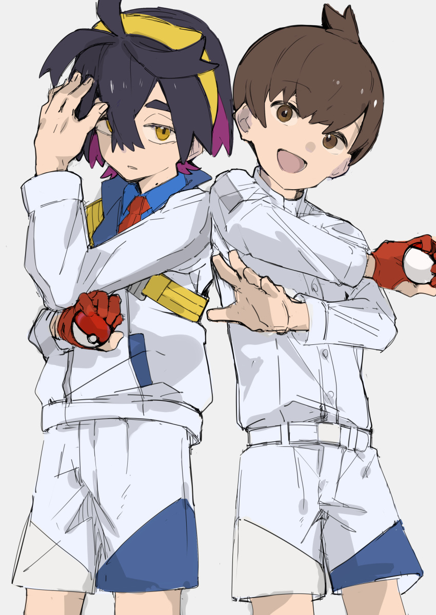 2boys absurdres black_hair blue_shirt brown_eyes brown_hair florian_(pokemon) gloves hair_between_eyes hairband highres holding holding_poke_ball jacket kieran_(pokemon) long_sleeves looking_at_viewer makimag male_focus mole mole_on_neck multiple_boys open_mouth orange_eyes parted_lips partially_fingerless_gloves poke_ball poke_ball_(basic) pokemon pokemon_sv purple_hair red_gloves shirt shorts simple_background single_glove white_jacket