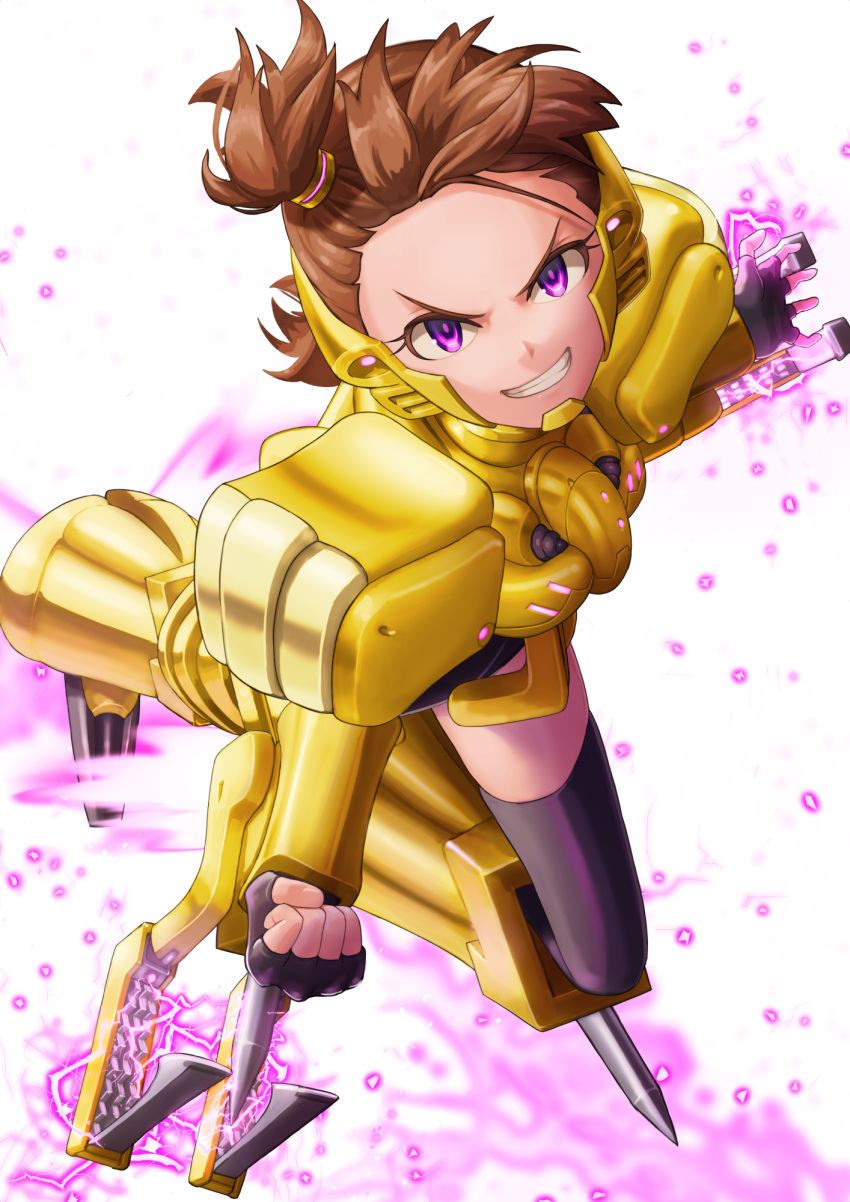 1girl alternate_costume armor aura black_gloves black_thighhighs brown_hair character_request clenched_hand commentary_request electricity electrokinesis fingerless_gloves floating_hair forehead full_body futami_ami gloves gold_armor grin highres idolmaster idolmaster_(classic) idolmaster_million_live! incoming_attack light_particles looking_at_viewer mappy_(minogue) one_side_up partial_commentary short_hair simple_background smile solo thigh-highs v-shaped_eyebrows violet_eyes white_background