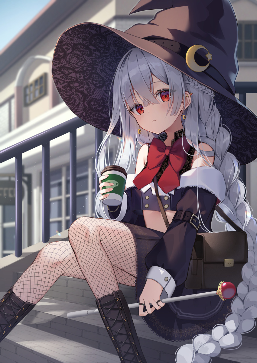 1girl absurdres arm_belt bag black_skirt blue_jacket breasts buttons crescent crescent_earrings crescent_hat_ornament cup detached_sleeves earrings fishnet_thighhighs fishnets fuyoyo grey_hair hat hat_ornament highres holding holding_cup holding_staff jacket jewelry long_hair looking_at_viewer original outdoors red_eyes red_ribbon ribbon shoulder_bag sitting sitting_on_stairs skirt small_breasts solo staff stairs thigh-highs white_hair witch witch_hat