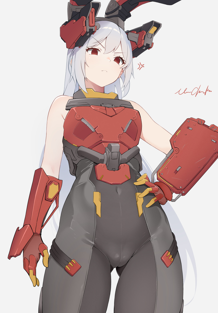 &gt;:( 1girl absurdres anger_vein animal_ears armor charolic_(girls'_frontline_2) covered_navel cowboy_shot fake_animal_ears girls'_frontline_2:_exilium girls_frontline gloves hand_on_own_hip highres long_hair looking_at_viewer mechanical_ears rabbit_ears red_eyes red_gloves simple_background solo v-shaped_eyebrows vinnie_cheeks white_background white_hair