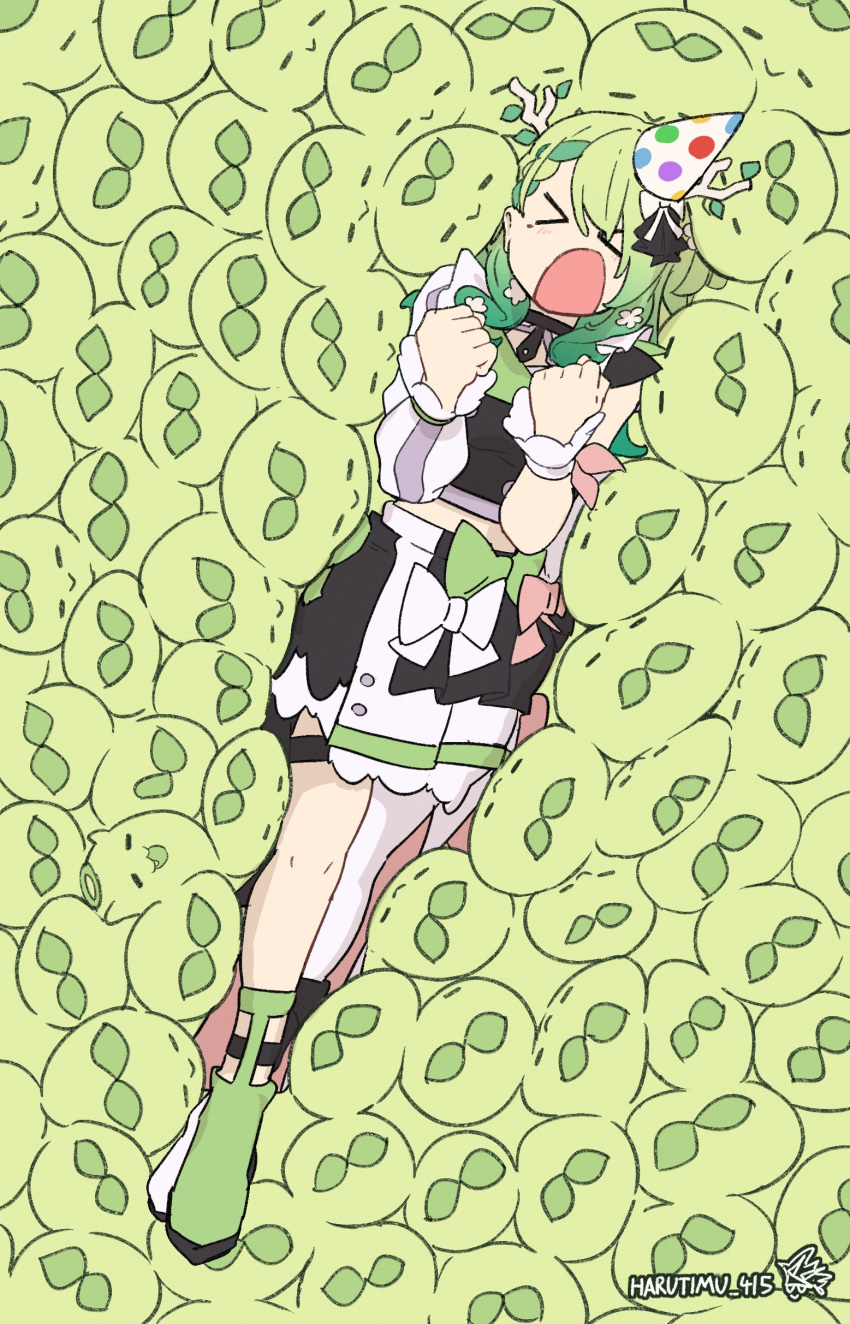 &gt;_&lt; 1girl absurdres antlers asymmetrical_footwear asymmetrical_sleeves black_skirt boots braid braided_bangs ceres_fauna clenched_hands crop_top crossed_legs flower green_footwear green_hair hair_flower hair_ornament harutimu hat highres hololive hololive_english hololive_idol_uniform_(bright) horns idol_clothes long_hair mismatched_footwear mole mole_under_eye official_alternate_costume open_mouth party_hat pleated_skirt sapling_(ceres_fauna) single_thigh_boot skirt solo_focus strappy_heels takodachi_(ninomae_ina'nis) thigh_boots thigh_strap tree_horns twitter_username uneven_sleeves virtual_youtuber white_footwear white_skirt