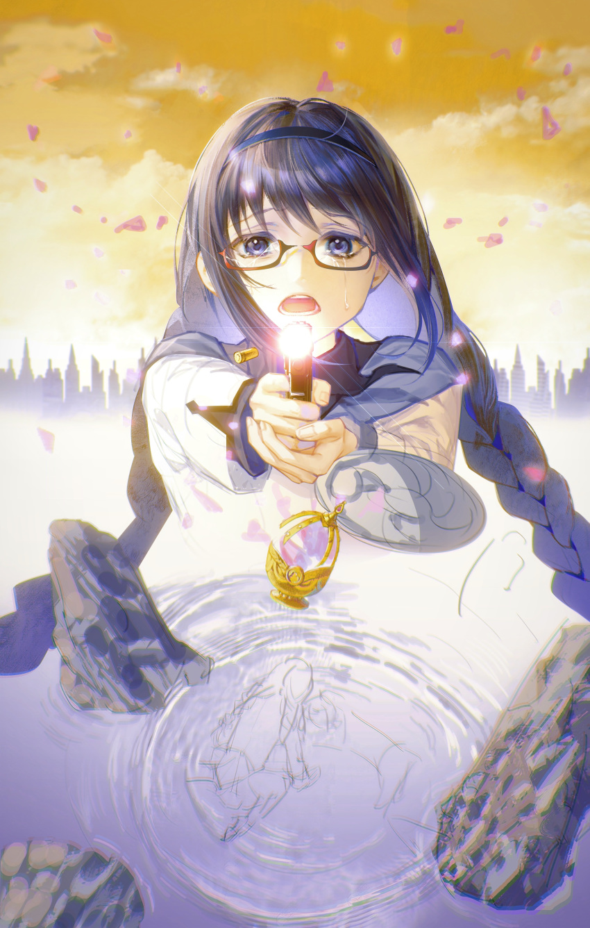 1girl absurdres aiming aiming_at_viewer akemi_homura bairenayou black_hair black_hairband blue_capelet blue_eyes braid bullet capelet chinese_commentary clouds collared_capelet commentary_request crying crying_with_eyes_open glasses glowing gun hairband highres holding holding_gun holding_weapon long_hair long_sleeves looking_at_viewer mahou_shoujo_madoka_magica mahou_shoujo_madoka_magica_(anime) open_mouth outdoors outstretched_arms own_hands_together red-framed_eyewear ripples rock sad semi-rimless_eyewear sky skyline solo soul_gem straight-on tears twin_braids under-rim_eyewear unfinished upper_body weapon yellow_sky