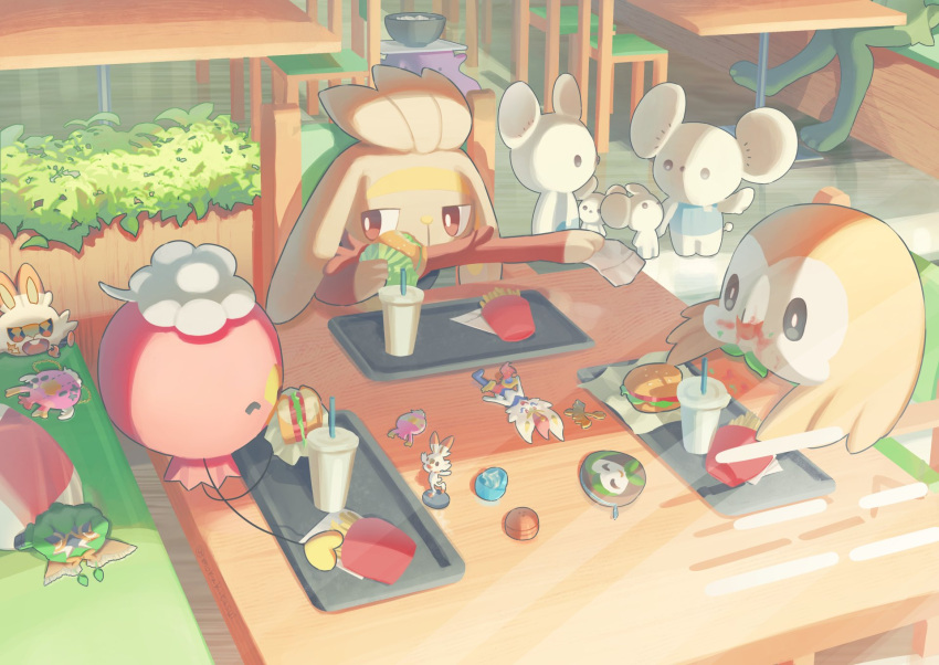 bowl bright_pupils burger chair cinderace commentary_request cup dartrix decidueye disposable_cup ditto drifblim drifloon eating food food_on_face food_wrapper french_fries highres maushold maushold_(family_of_four) mokukitusui pokemon raboot rowlet scorbunny table themed_object tray white_pupils