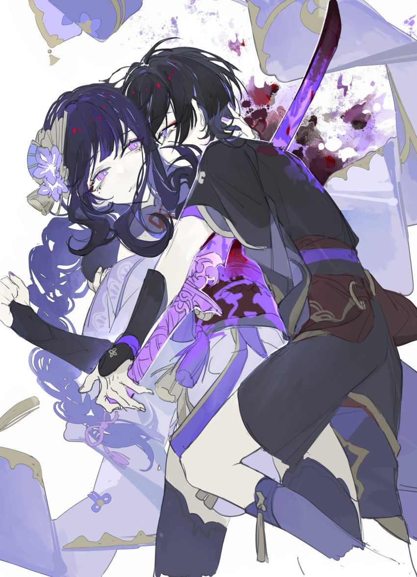 1boy 1girl absurdres blood blood_on_weapon blood_splatter blue_eyes blue_hair blunt_bangs braid from_side genshin_impact hair_between_eyes hair_ornament hair_ribbon hand_on_another's_head hand_on_another's_shoulder highres holding holding_sword holding_weapon hug japanese_clothes katana long_hair looking_at_another mitsudomoe_(shape) mole mole_under_eye mother_and_son nnikko purple_hair purple_nails raiden_shogun ribbon scaramouche_(genshin_impact) short_hair simple_background single_braid sword tomoe_(symbol) violet_eyes weapon white_background