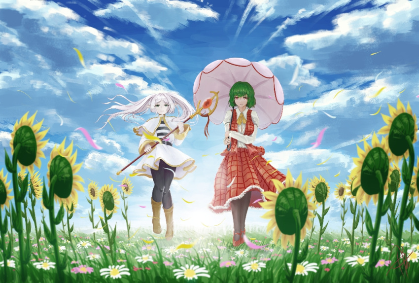 2girls ascot belt black_belt black_shirt blue_sky breasts capelet closed_mouth clouds collared_shirt commentary_request crossover daisy elf field flower flower_field frieren frilled_skirt frills full_body gold_trim green_eyes green_hair holding holding_staff holding_umbrella kazami_yuuka long_hair long_sleeves looking_at_viewer mage_staff mary_janes medium_bangs medium_breasts multiple_girls open_clothes open_vest parasol pink_umbrella plaid plaid_skirt plaid_vest pointy_ears red_eyes red_footwear red_skirt red_vest shirt shoes short_hair skirt skirt_set sky smile sousou_no_frieren staff striped_clothes striped_shirt sunflower touhou twintails umbrella vest white_capelet white_flower white_hair white_shirt white_skirt wizy_(wizy999) yellow_ascot yellow_flower