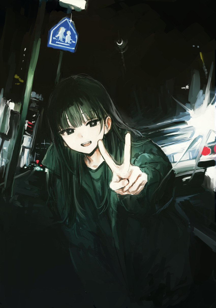 1girl :d absurdres backlighting black_eyes black_hair black_jacket black_shirt car collared_jacket cowboy_shot dark fisheye funabashi_(iwzry) glint hand_on_own_leg highres jacket lamppost leaning_forward long_bangs long_hair long_sleeves motor_vehicle night night_sky open_clothes open_jacket open_mouth original outdoors outstretched_arm shirt sidelocks sign sky smile solo straight_hair teeth upper_teeth_only v