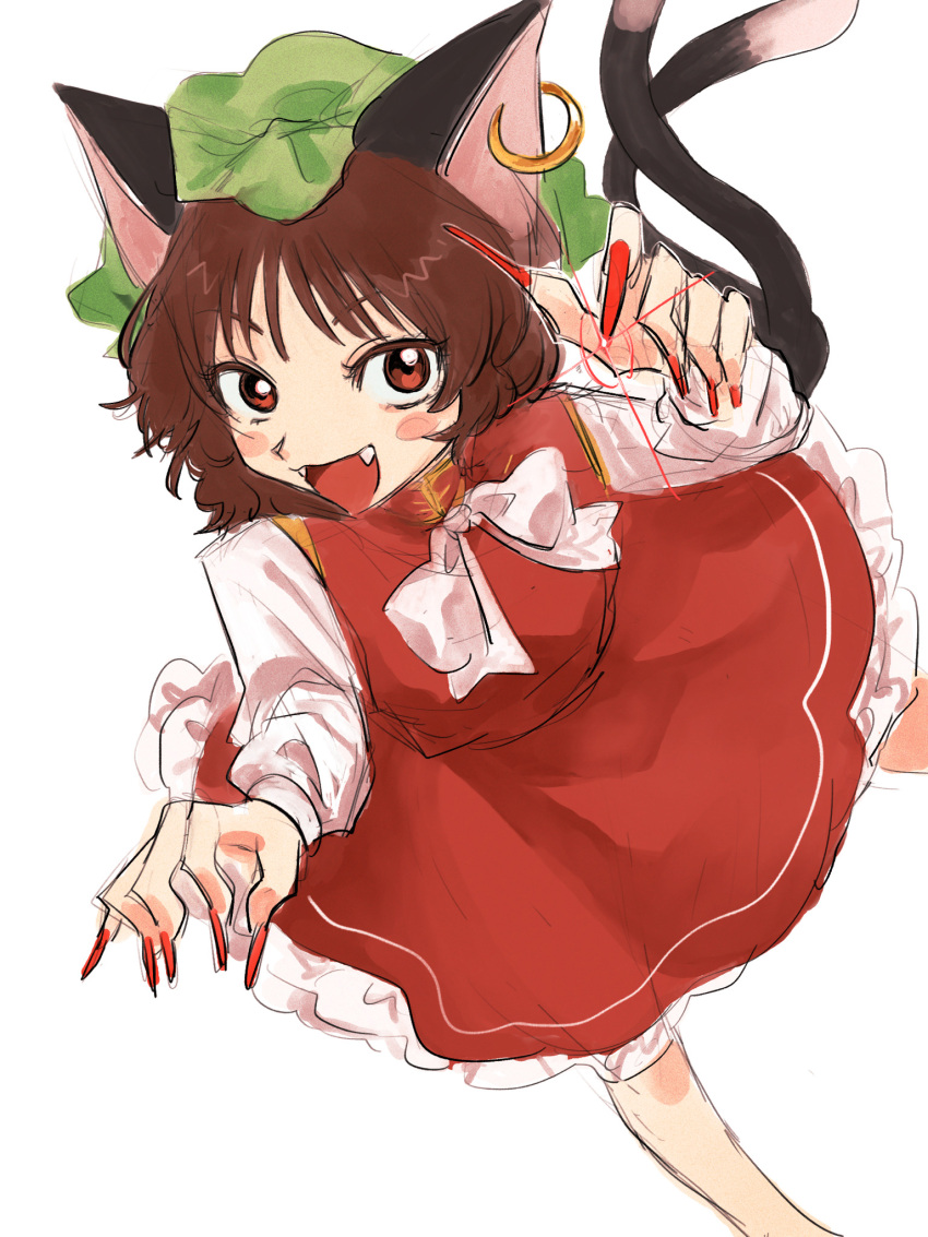 1girl :d animal_ear_piercing animal_ears blush_stickers bow bowtie brown_eyes brown_hair cat_ears chen chunmarupi diffraction_spikes dress earrings eyebrows_hidden_by_hair fangs feet_out_of_frame fingernails glint hands_up hat highres jewelry legs_apart long_fingernails long_sleeves looking_at_viewer mob_cap nail_polish open_mouth petticoat puffy_long_sleeves puffy_sleeves red_dress red_nails red_skirt short_hair simple_background single_earring skirt skirt_set smile solo touhou white_background white_bow white_bowtie
