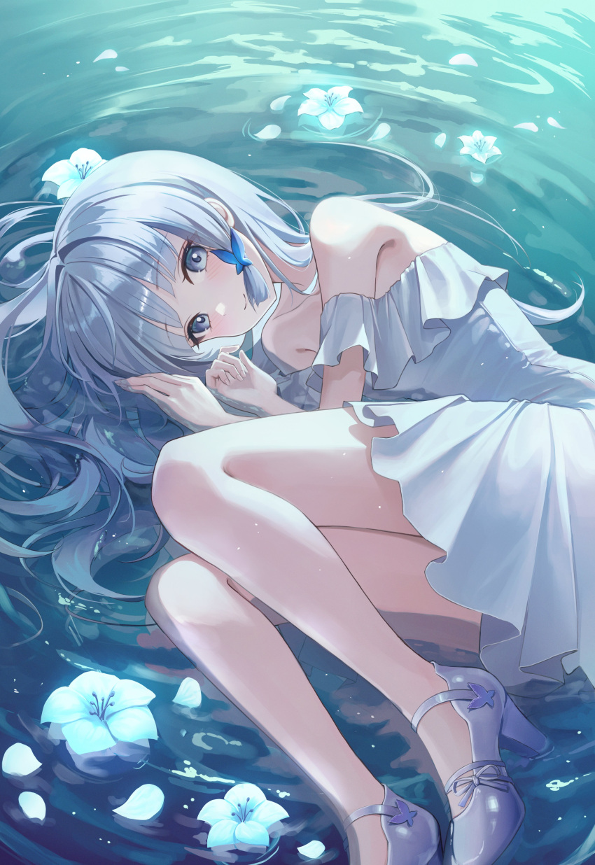 1girl absurdres alternate_costume alternate_hairstyle bare_shoulders blue_eyes blue_footwear blue_hair blush butterfly_hair_ornament closed_mouth dress flower genshin_impact hair_ornament hashtag-only_commentary high_heels highres kamisato_ayaka light_blue_hair looking_at_viewer lying lying_on_water mole mole_under_eye off-shoulder_dress off_shoulder on_side seina_106 smile solo white_dress white_flower