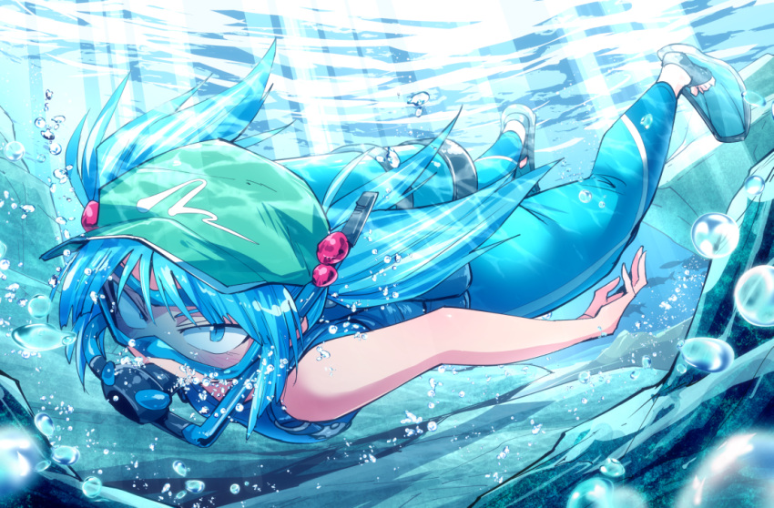 1girl air_bubble alternate_costume blue_bodysuit blue_eyes blue_hair bodysuit bubble commentary_request commission diving_suit flat_cap flippers full_body green_hat hair_bobbles hair_ornament hat kawashiro_nitori looking_at_viewer medium_bangs medium_hair scuba shimizu_pem sidelocks skeb_commission solo swim_goggles swimming touhou two_side_up underwater wetsuit