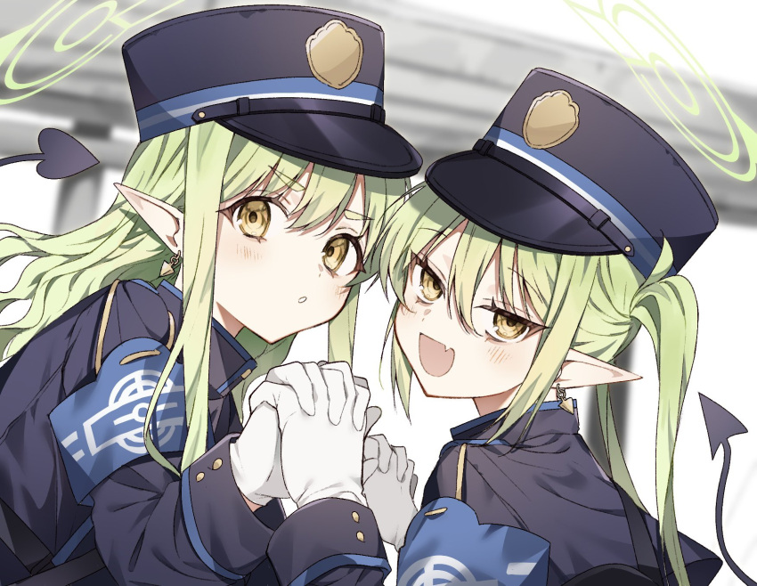 2girls black_hat black_shirt black_tail blue_archive blush demon_tail earrings fang gloves green_hair green_halo halo hat highlander_sidelocks_conductor_(blue_archive) highlander_twintails_conductor_(blue_archive) highres jewelry long_hair long_sleeves looking_at_viewer multiple_girls open_mouth peaked_cap pointy_ears shirt sidelocks skin_fang smile tail twintails usamimikurage white_gloves yellow_eyes