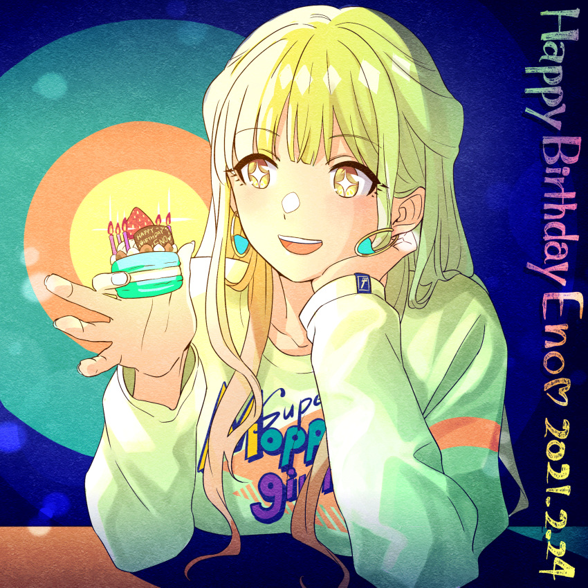 +_+ 1girl :d akroglam animated animated_gif birthday_cake blonde_hair cake candle character_name clothes_writing dated earrings eno_(akroglam) food fruit hand_on_own_cheek hand_on_own_face hands_up highres holding holding_food jewelry long_hair long_sleeves macaron official_art open_mouth second-party_source shirt smile solo strawberry upper_body white_shirt yellow_eyes