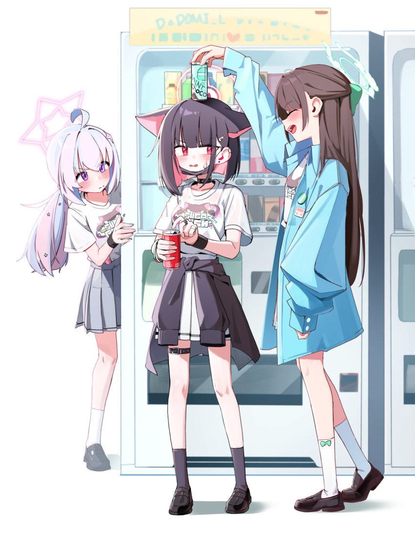 3girls absurdres ahoge airi_(band)_(blue_archive) airi_(blue_archive) animal_ears badge black_footwear black_hair black_jacket black_socks blue_archive blue_jacket bow bow_legwear button_badge can cat_ears cat_girl closed_eyes clothes_around_waist colored_inner_hair commentary drink_can ear_piercing earrings english_text green_bow grey_skirt hair_bow hair_ornament hairclip halo height_difference highres jacket jacket_around_waist jewelry kazusa_(band)_(blue_archive) kazusa_(blue_archive) loafers long_hair looking_at_another low_twintails multicolored_hair multiple_girls open_clothes open_jacket open_mouth piercing pink_eyes pink_hair pleated_skirt print_shirt reisa_(blue_archive) ring shirt shoes short_hair short_sleeves skirt slit_pupils smile socks soda_can stud_earrings sweatdrop symbol-only_commentary t-shirt thigh_strap twintails two-tone_hair vending_machine very_long_hair violet_eyes white_shirt white_skirt white_socks whonyang wristband