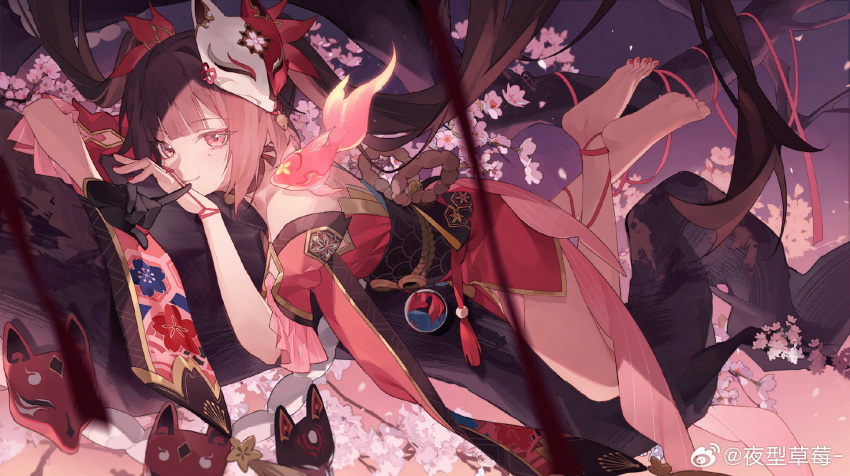1girl barefoot black_gloves blunt_bangs blurry blurry_foreground branch brown_eyes brown_hair cherry_blossoms crossed_ankles depth_of_field detached_sleeves dress eyeshadow feet fish fox_mask from_side full_body gloves highres honkai:_star_rail honkai_(series) in_tree index_finger_raised long_hair looking_at_viewer lying lying_on_branch makeup mask mask_on_head mole mole_under_eye obi obijime on_branch on_stomach outdoors pink_ribbon pink_sky purple_sky red_dress red_eyeshadow red_nails ribbon sash seigaiha single_glove sky smile solo sparkle_(honkai:_star_rail) tassel tree twintails unworn_mask weibo_logo weibo_username ye_xing_caomei