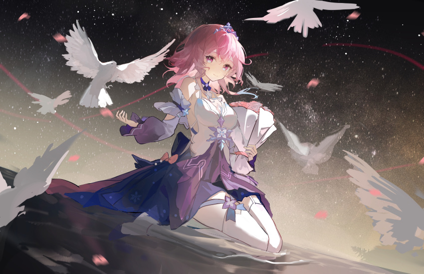 absurdres bare_shoulders bird black_sky bouquet detached_sleeves dress falling_petals floating_hair from_side full_body halter_dress halterneck highres holding holding_bouquet honkai:_star_rail honkai_(series) hutaoyingying65626 looking_at_viewer march_7th_(honkai:_star_rail) medium_hair night night_sky petals pink_eyes pink_hair seiza sitting sky smile star_(sky) starry_sky thigh-highs tiara white_bird white_dress white_thighhighs