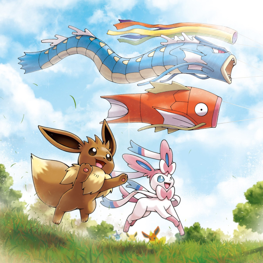animal_focus blue_eyes blue_fur blue_sky bow bright_pupils brown_eyes brown_fur clouds day eevee fang flareon grass gyarados highres jolteon kite magikarp no_humans official_art one_eye_closed open_mouth outdoors pink_fur pokemon pokemon_(creature) red_fur ribbon sky smile sylveon two-tone_fur vaporeon white_fur white_pupils yellow_fur