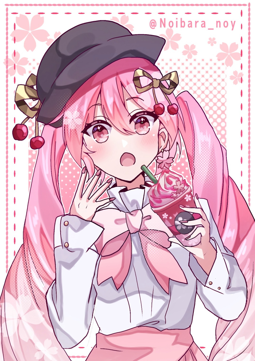 1girl blush bow cherry_hair_ornament cherry_hat_ornament cup disposable_cup drink earrings flower_earrings food-themed_hair_ornament hair_ornament hat hatsune_miku highres holding holding_cup jewelry long_hair long_sleeves looking_at_viewer nail_polish noibara_noy open_mouth pink_eyes pink_hair sakura_miku shirt_tucked_in solo twintails very_long_hair vocaloid
