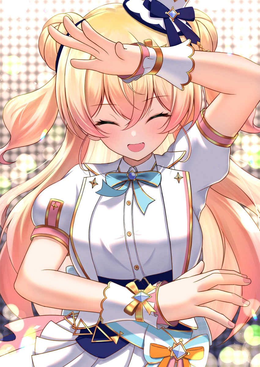 1girl :d absurdres aqua_bow back_bow blonde_hair blue_corset bow closed_eyes collared_shirt commentary_request corset crossed_bangs dancing double-parted_bangs double_bun fang gold_trim hair_between_eyes hair_bun hand_up hat highres hololive hololive_idol_uniform_(bright) idol_clothes jacket lapel_pin lapels long_hair marishia_holo mini_hat mini_top_hat momosuzu_nene neck_ribbon notched_lapels official_alternate_costume pink_nails puffy_short_sleeves puffy_sleeves ribbon shirt short_sleeves skirt smile solo straight-on striped_bow top_hat two_side_up underbust upper_body virtual_youtuber waist_bow white_hat white_jacket white_shirt white_skirt wrist_cuffs