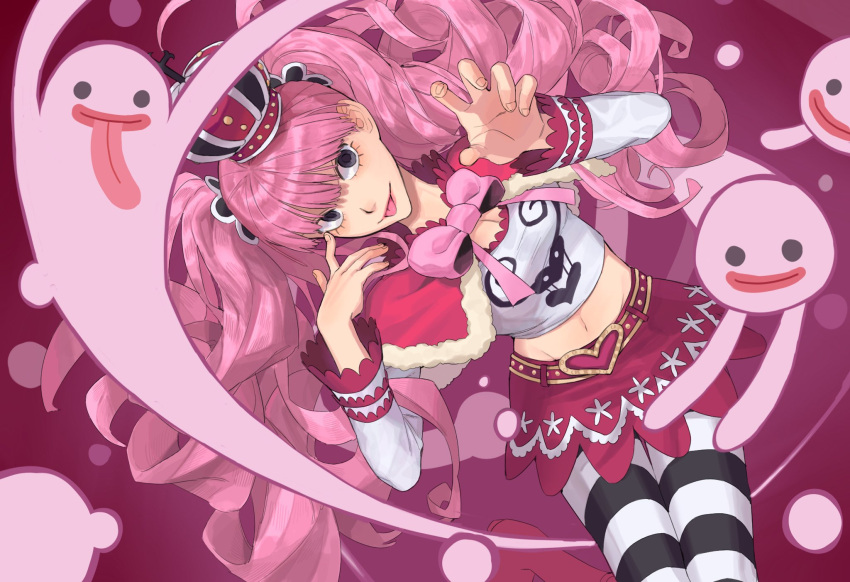 1girl black_eyes black_pantyhose blunt_bangs bow bowtie capelet commentary cowboy_shot crop_top crown eyelashes from_above ghost highres long_sleeves looking_at_viewer navel one_piece pantyhose perona pink_bow pink_bowtie pink_capelet pink_hair solo symbol-only_commentary tongue tongue_out twintails two-tone_pantyhose water4829 white_pantyhose