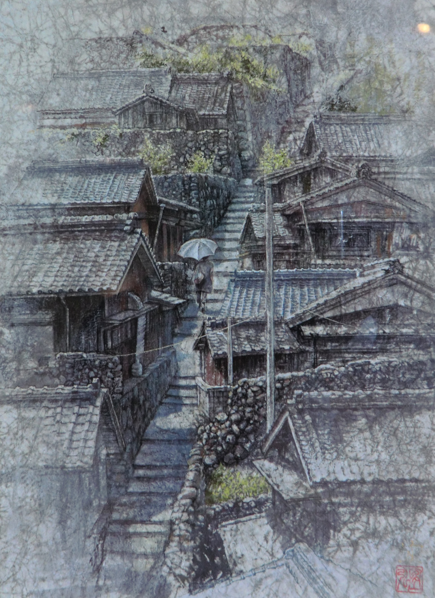 0zolvut2323nyus 1other absurdres building highres mountain nihonga painting_(medium) plant power_lines road solo_focus stairs stone_wall street town traditional_media utility_pole watercolor_(medium)