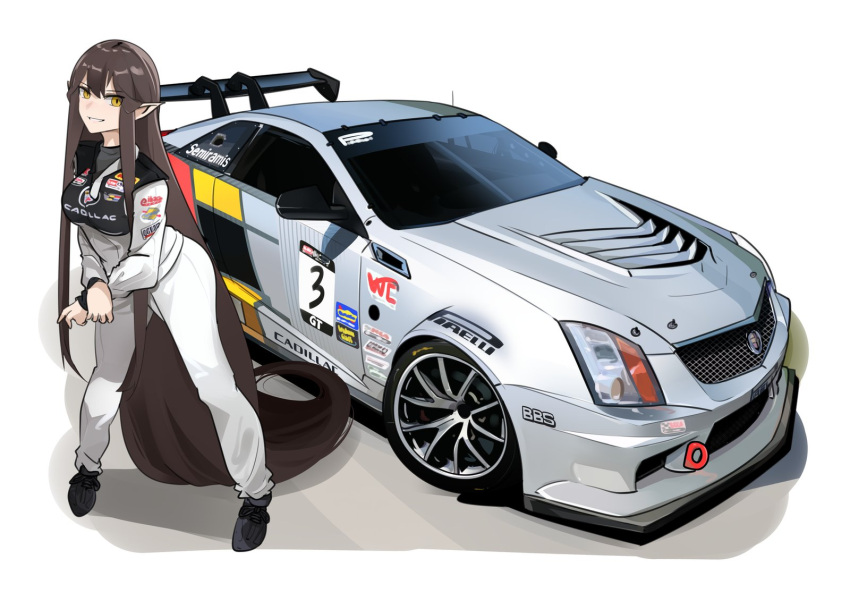 1girl absurdly_long_hair bbs_(wheel) black_footwear brown_hair cadillac cadillac_ats car commission english_commentary grey_jumpsuit gt_world_challenge_america highres holeecrab jumpsuit leaning_forward long_hair looking_at_viewer motor_vehicle original parted_lips pointy_ears race_vehicle racecar racing_suit smile solo spoiler_(automobile) sponsor vehicle_focus very_long_hair yellow_eyes