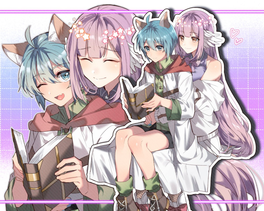 1boy 1girl animal_ears blue_eyes blue_hair book cat_ears closed_mouth commission indie_virtual_youtuber lab_coat leon_geeste long_hair nail_polish one_eye_closed open_mouth saba_miso short_hair shorts smile star_ocean star_ocean_the_second_story virtual_youtuber