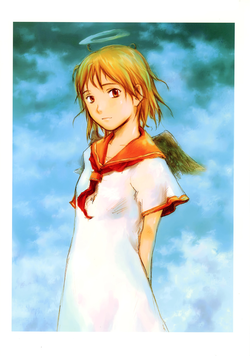 1girl abe_yoshitoshi absurdres angel angel_wings arms_behind_back blonde_hair blue_background brown_eyes brown_hair brown_sailor_collar closed_mouth clouds dress feathered_wings grey_wings haibane_renmei halo highres neckerchief non-web_source orange_sailor_collar rakka_(haibane) red_neckerchief sailor_collar shirt short_hair sky solo white_dress white_shirt wings