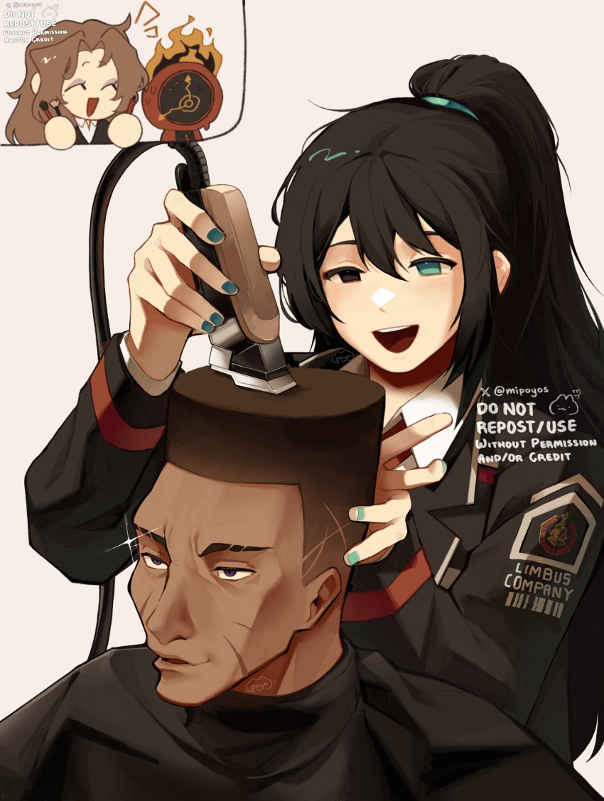 1girl 1other 2boys black_coat black_eyes black_hair black_shirt blue_eyes blue_hairband brown_hair choso_giving_toudou_a_haircut_(meme) clock closed_eyes coat collared_shirt cutting_hair dante_(limbus_company) dark-skinned_male dark_skin electric_razor english_commentary english_text fade_(haircut) fire hairband heathcliff_(project_moon) heterochromia high_ponytail highres hong_lu_(project_moon) limbus_company long_hair makeup_brush meme mipoyos multiple_boys necktie object_head parted_bangs project_moon red_coat red_necktie rodion_(project_moon) scar scar_on_face shirt sparkle sweat sweatdrop twitter_username violet_eyes white_shirt