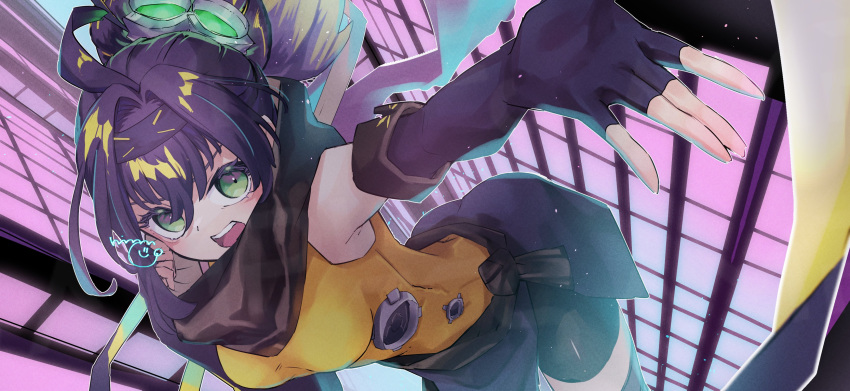 1girl absurdres ahoge bare_shoulders black_hair blonde_hair breasts duel_monster elbow_gloves forehead_protector gloves gradient_hair green_eyes highres large_breasts multicolored_hair nimm_2626 ponytail s-force_rappa_chiyomaru s:p_little_knight scarf sleeveless sleeveless_turtleneck solo thigh-highs turtleneck yu-gi-oh!