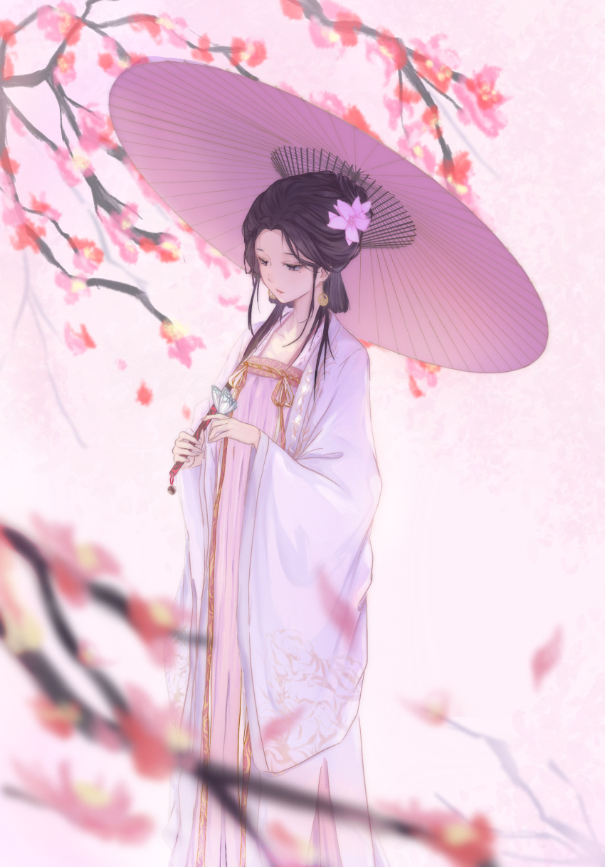 1girl banana_wizard black_hair blurry branch bug butterfly cherry_blossoms chinese_clothes earrings flower hair_flower hair_ornament hanfu highres holding holding_umbrella jewelry long_hair long_sleeves looking_down oil-paper_umbrella original outdoors pink_flower qixiong_ruqun ruqun solo standing umbrella wide_sleeves