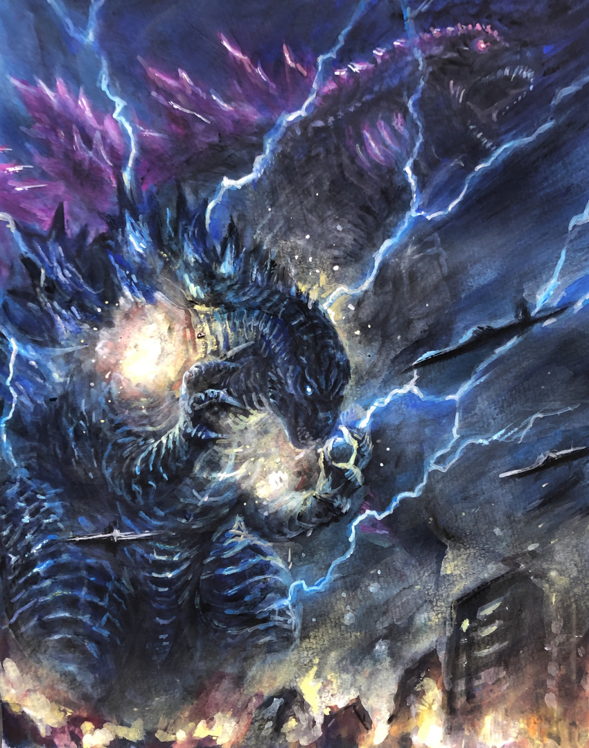 absurdres bioluminescence blue_eyes claws elbow_spikes fangs g.n.a giant giant_monster gills glowing godzilla godzilla:_king_of_the_monsters godzilla_(monsterverse) godzilla_(series) godzilla_evolved godzilla_vs._kong godzilla_x_kong:_the_new_empire highres jaw kaijuu king_kong_(series) long_tail monster monsterverse no_humans open_mouth reptile reptilian scales sharp_teeth spiked_tail spikes spines tail teeth violet_eyes