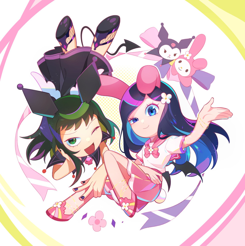 2girls angel_and_devil angel_wings animal_ears anklet black_hair black_skirt blue_hair bow bowtie bracelet closed_mouth colored_inner_hair cosplay crossover demon_girl demon_tail demon_wings eyelashes fishnets floating flower frown full_body green_eyes green_hair hair_flower hair_ornament hand_on_own_cheek hand_on_own_face head_on_hand head_rest highres jester_costume jewelry knee_up korean_commentary kurata_tome kuromi kuromi_(cosplay) long_hair looking_at_viewer miniskirt mino_minyong mob_psycho_100 multicolored_hair multiple_girls my_melody my_melody_(cosplay) no_feet onegai_my_melody open_mouth outstretched_arm paw_print_soles pink_bow pink_bowtie pink_footwear pink_sailor_collar pink_skirt pleated_skirt purple_hair purple_nails rabbit rabbit_ears rabbit_tail ribbon sailor_collar sanrio school_uniform serafuku shoe_soles skirt skull_ornament smile streaked_hair swept_bangs tail takane_tsubomi thigh-highs uneven_eyes upside-down w white_background white_flower wings