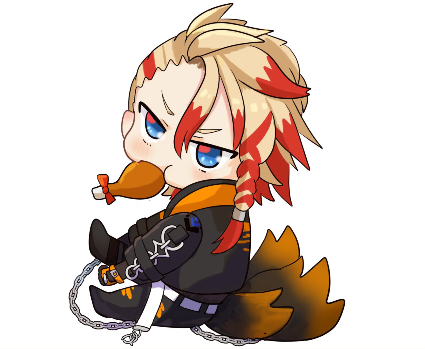 1boy axel_syrios belt black_jacket black_pants blonde_hair blue_eyes braid chain chibi chicken_(food) eating food food_in_mouth gloves hair_between_eyes highres holostars holostars_english jacket looking_at_viewer male_focus multicolored_hair multiple_tails pants redhead side_braid solo tail torn_clothes torn_pants two-tone_hair white_background yoidori_(yoitor1)