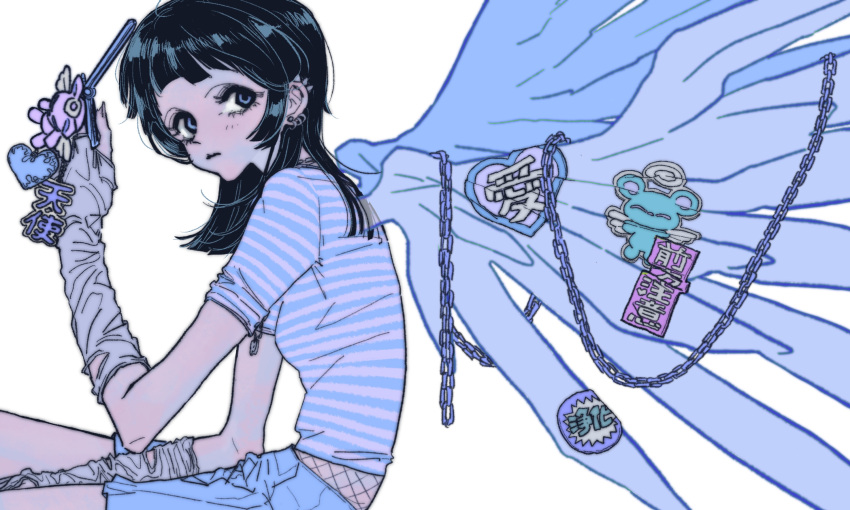 1girl black_hair blue_eyes blue_wings cellphone chain charm_(object) earrings elbow_gloves fingerless_gloves fishnets flip_phone from_side gloves grey_gloves hand_up heart highres holding holding_phone jewelry long_hair looking_back multiple_earrings original phone shirt short_sleeves simple_background solo striped_clothes striped_shirt white_background wings yosh1to