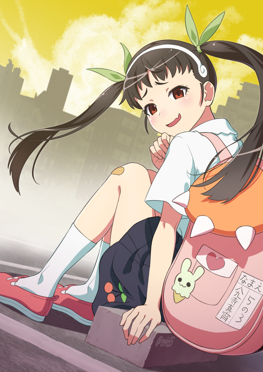 absurdres artist_name backpack bag bakemonogatari bandaid bandaid_on_knee bandaid_on_leg black_skirt brown_hair character_name city clouds collared_shirt commentary curled_fingers dress_shirt fang floating_hair girugiru_(tektonics6588) green_ribbon hachikuji_mayoi hair_ribbon hairband hand_on_ground hand_on_own_chin highres knees_up long_hair looking_at_viewer looking_back mary_janes monogatari_(series) on_ground parking_lot parted_lips pink_bag pink_footwear pleated_skirt raised_eyebrows red_eyes ribbon shirt shoes signature sitting skin_fang skirt sky skyline smile socks thick_eyebrows translated twintails twitter_username white_hairband white_shirt white_socks yellow_sky