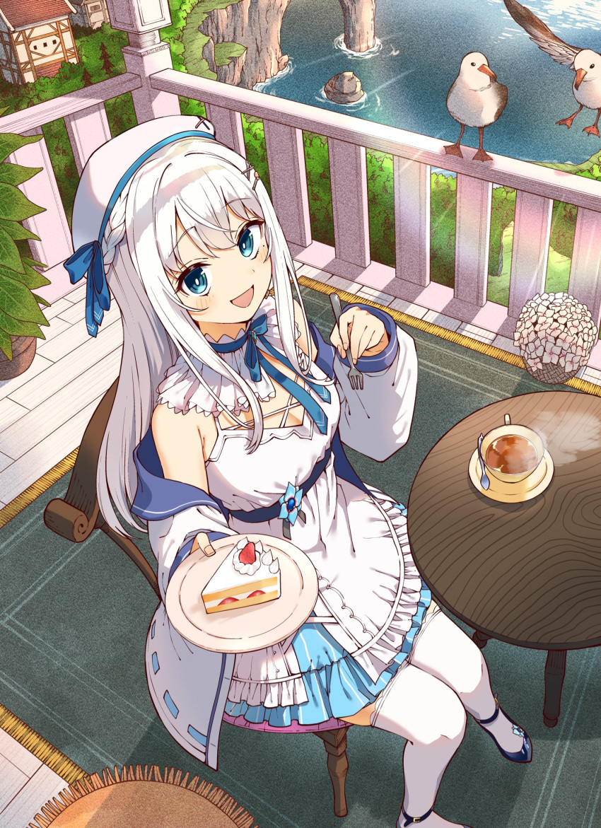 1girl beret bird blue_eyes blush breasts building cake commentary_request food grey_hair hair_ornament hat highres indie_virtual_youtuber jacket looking_at_viewer medium_breasts nagino_mashiro ocean plate seagull sitting solo table tea thigh-highs virtual_youtuber x_hair_ornament yurai0739