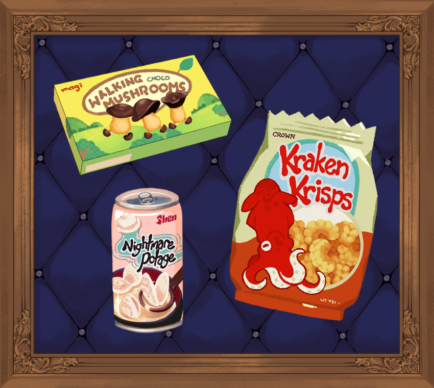 can chips_(food) chocolate commentary drink_can dungeon_meshi english_commentary english_text food food_focus highres kamuyagi kraken merchandise_available no_humans picture_frame walking_mushroom_(dungeon_meshi)