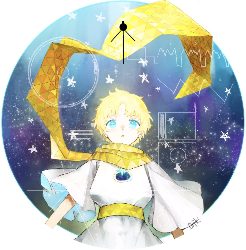 1boy baggy_clothes blonde_hair blue_eyes bright_pupils fate/grand_order fate_(series) gk98tm glowing highres male_focus parted_lips scarf short_hair sky solo space star_(sky) starry_background starry_sky tunic voyager_(fate) voyager_(first_ascension)_(fate) voyager_golden_record voyager_probe white_tunic yellow_scarf
