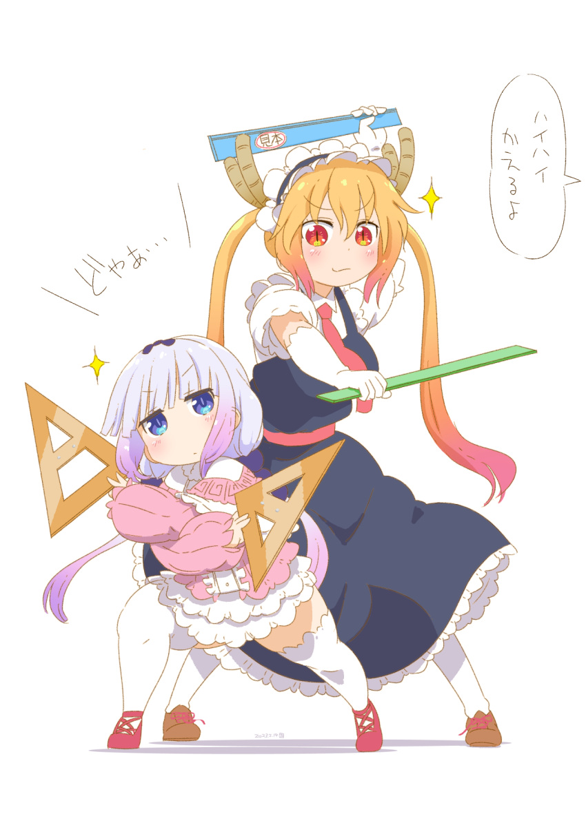 blonde_hair blue_dress blue_eyes blush brown_footwear child closed_mouth crossed_arms dress elbow_gloves gloves gradient_hair grey_hair highres holding holding_ruler kanna_kamui kobayashi-san_chi_no_maidragon long_hair long_sleeves looking_at_another looking_at_viewer maid maid_headdress multicolored_hair neckerchief orange_eyes pink_dress puffy_short_sleeves puffy_sleeves purple_hair red_footwear red_neckerchief redhead short_sleeves sparkle speech_bubble standing tabayan_jigokuhen thigh-highs tohru_(maidragon) translation_request white_background white_gloves white_thighhighs