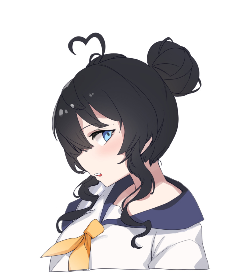 1girl ahoge aningay black_hair blue_eyes blue_sailor_collar blush breasts cropped_torso double_bun hair_between_eyes hair_bun heart heart_ahoge highres long_hair looking_at_viewer medium_breasts neckerchief original parted_lips sailor_collar shirt simple_background solo teeth upper_body upper_teeth_only white_background white_shirt yellow_neckerchief