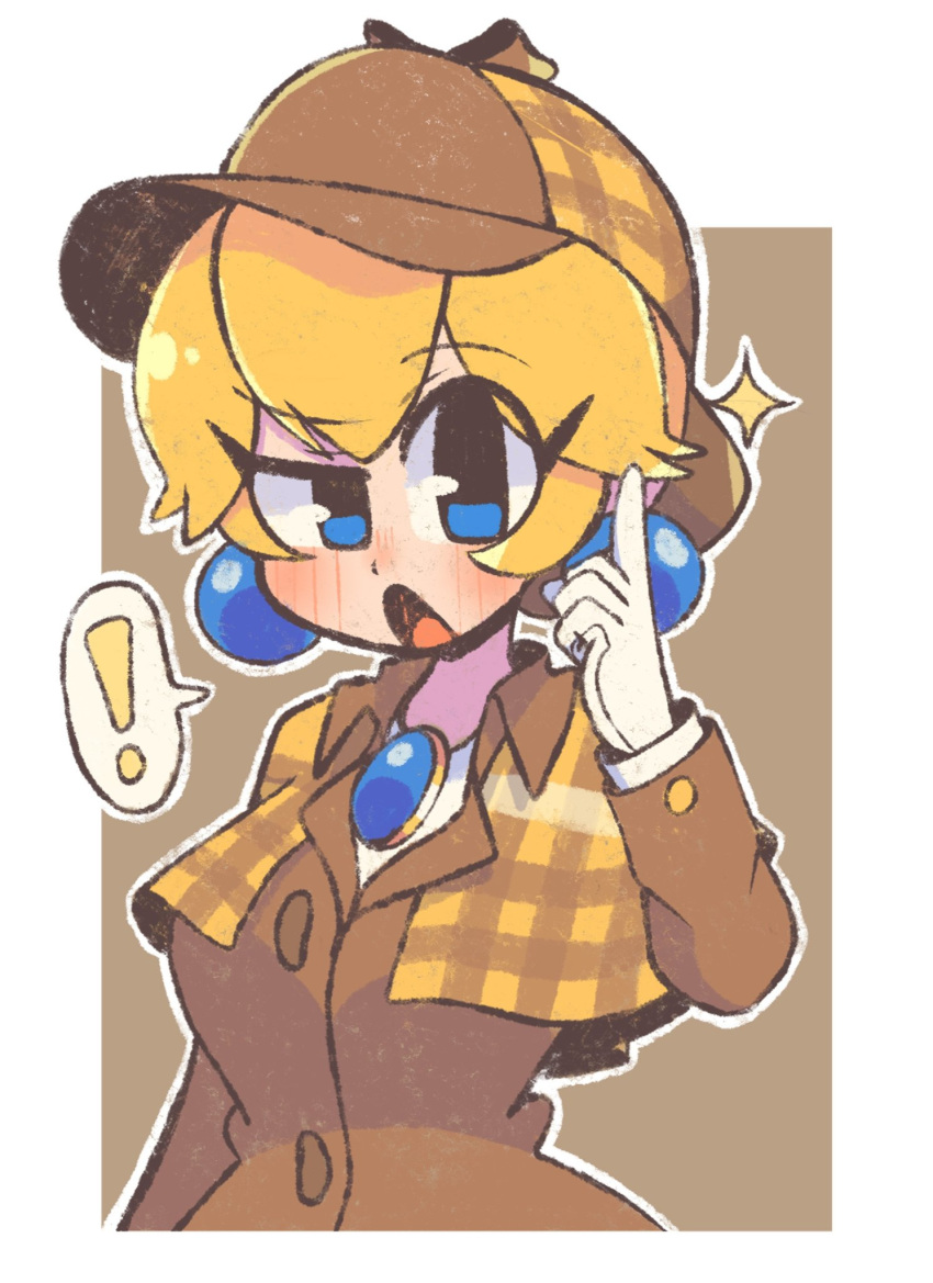 ! 1girl blonde_hair blue_eyes blush border brooch brown_background brown_capelet brown_coat brown_headwear buttons capelet coat collared_coat deerstalker detective_peach gloves hat highres jewelry looking_at_viewer official_alternate_costume open_mouth plaid_capelet plaid_headwear pointing pointing_up princess_peach princess_peach:_showtime! short_hair simple_background sofo_soup solo sparkle speech_bubble super_mario_bros. trench_coat upper_body white_border white_gloves