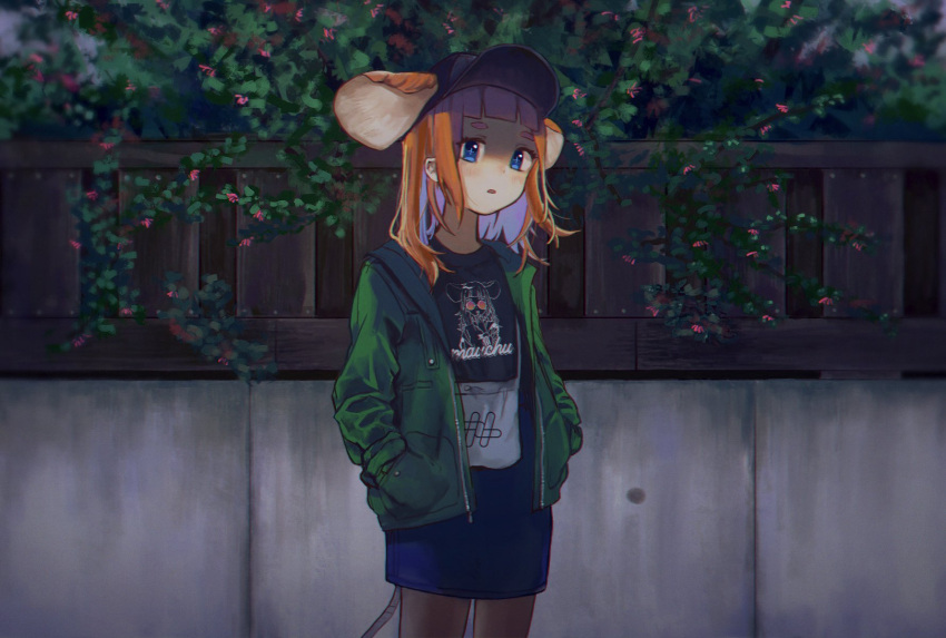 +_+ 1girl alternate_costume animal_ears artist_logo bag baseball_cap black_hat black_shirt blue_eyes blue_hair blue_skirt blurry blurry_background blush character_name character_print clothes_writing colored_inner_hair commentary crew_neck depth_of_field green_jacket hands_in_pockets hat highres indie_virtual_youtuber jacket long_hair long_sleeves looking_to_the_side mau-chan_(7name) mouse_ears mouse_girl mouse_tail multicolored_hair naname_(7name) open_clothes open_jacket open_mouth orange_hair pantyhose pencil_skirt plant self_character_print shirt shoulder_bag sidelocks skirt solo tail thick_eyebrows zipper zipper_pull_tab
