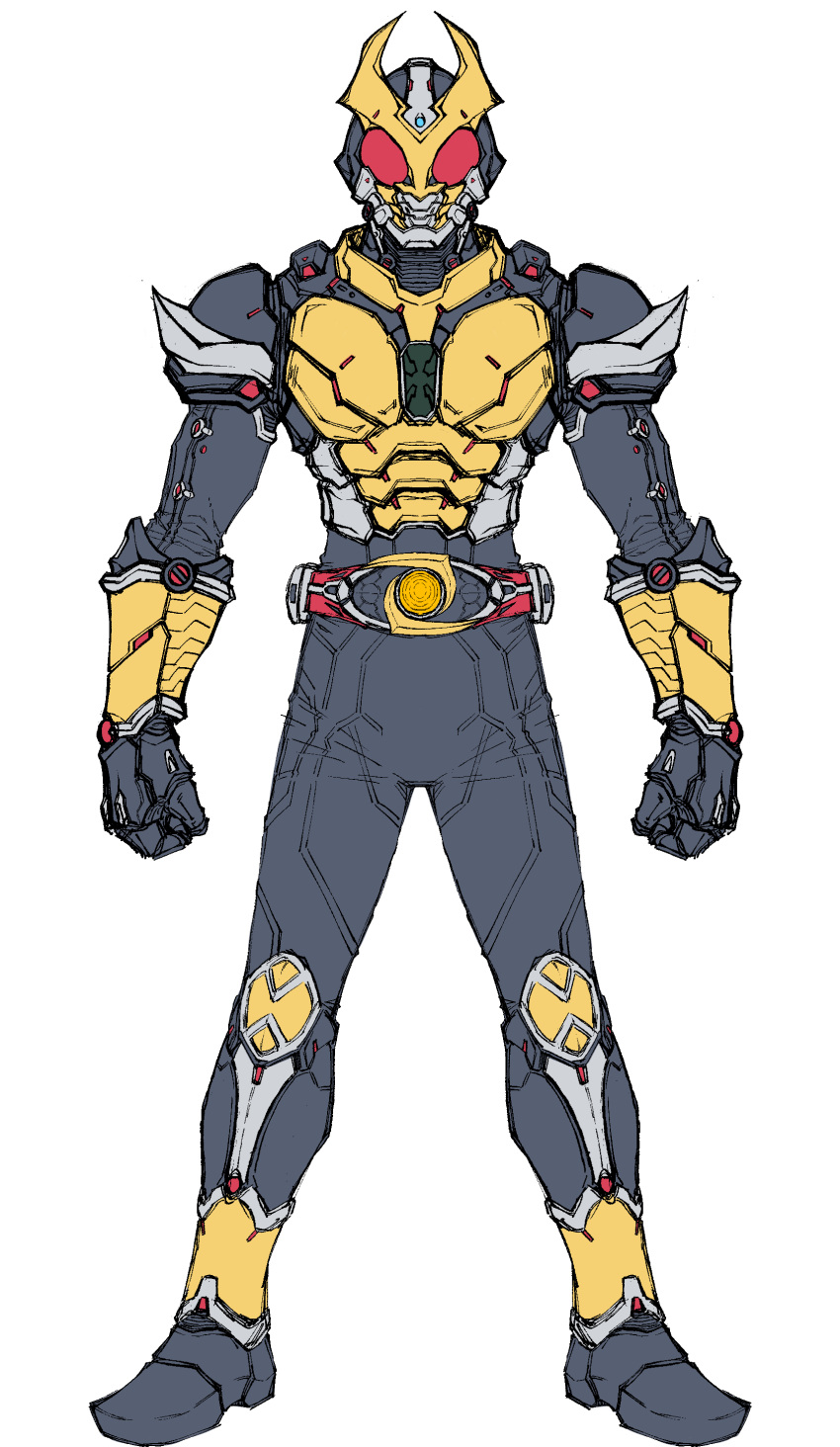 1boy absurdres agito_(ground_form) altering_(agito) armor belt black_bodysuit bodysuit breastplate clenched_hand compound_eyes driver_(kamen_rider) full_armor full_body gauntlets gloves gold_armor gold_horns heisei helmet highres horns kamen_rider kamen_rider_agito kamen_rider_agito_(series) looking_at_viewer male_focus mask red_eyes rider_belt shoulder_armor simple_background solo spiked_armor standing tokusatsu zd19990214
