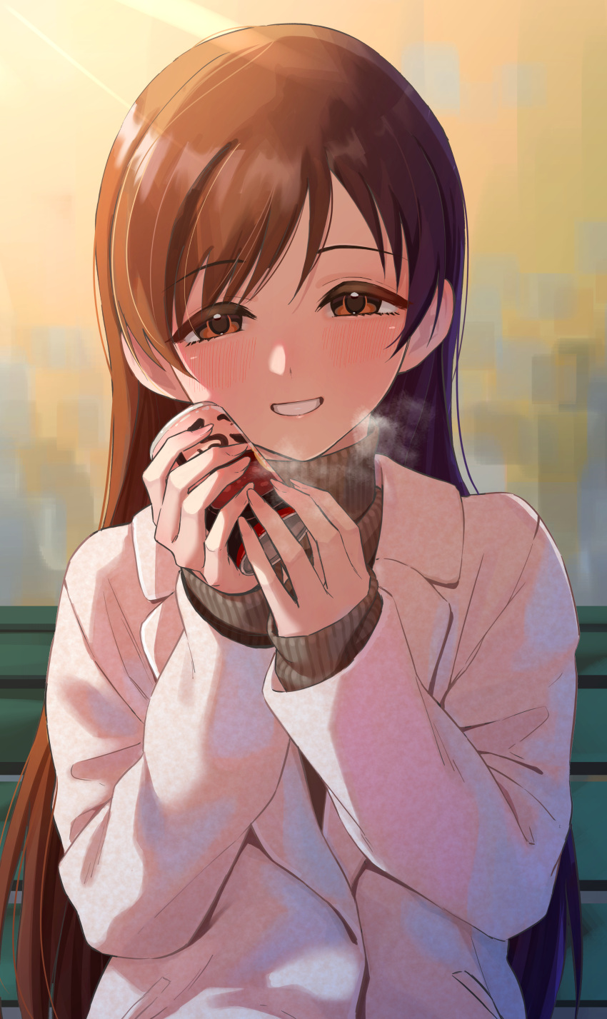 1girl absurdres black_sweater blush breath brown_hair can canned_food coat highres holding holding_can idolmaster idolmaster_cinderella_girls kaiso_(kaisooekaki) long_hair long_sleeves looking_at_viewer nitta_minami on_bench ribbed_sweater sitting smile solo straight_hair sweater upper_body very_long_hair white_coat