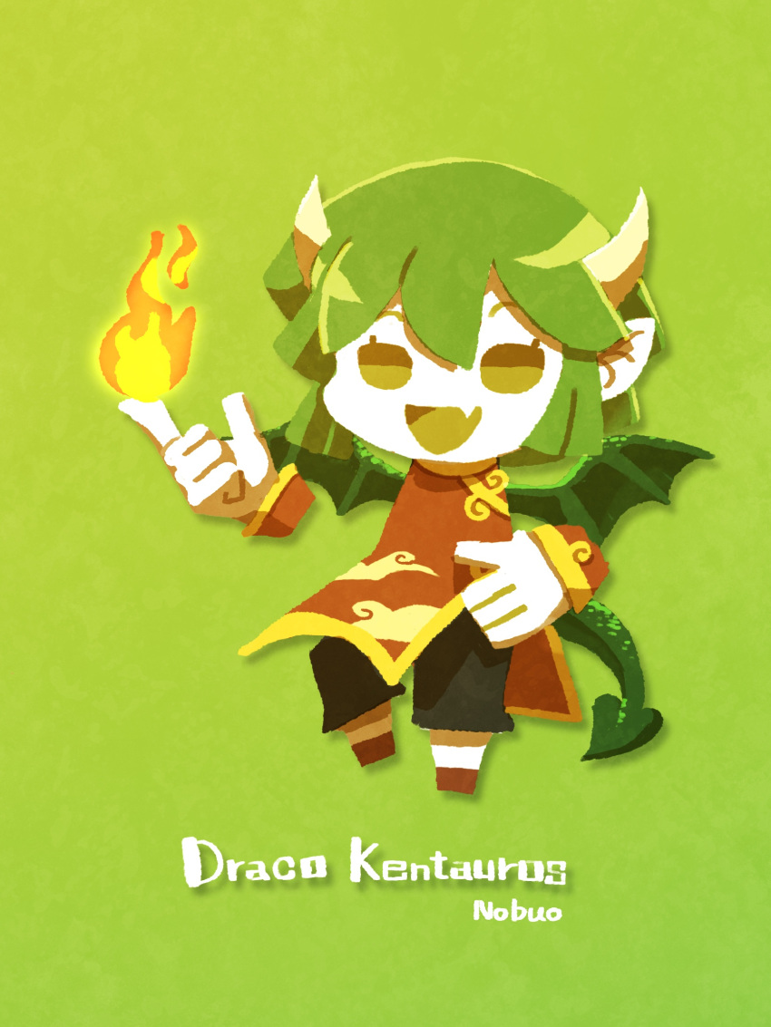 1girl artist_name character_name chibi china_dress chinese_clothes draco_centauros dragon_girl dragon_horns dragon_tail dragon_wings dress fang fire flaming_hand flat_color green_background green_eyes green_hair green_shorts green_tail green_theme green_wings hand_on_own_hip highres horns nobuo_eaka2724 open_mouth pointy_ears puyopuyo rayman_limbs red_dress red_footwear short_hair shorts simple_background skin_fang solo tail wings