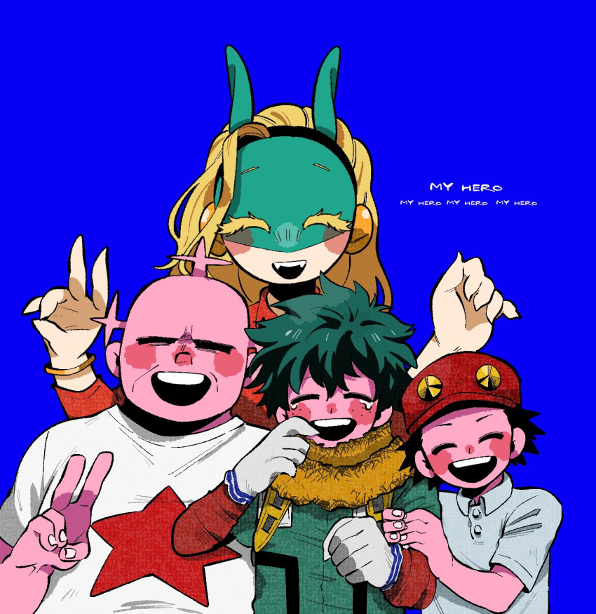 1girl 3boys ^_^ alternate_skin_color animal_ears anna_(aannnaa3) bald baseball_cap black_hair blonde_hair blue_background blush_stickers bodysuit boku_no_hero_academia bracelet buttons cape cel_shading character_request child claws closed_eyes collared_shirt colored_skin crying fangs freckles gloves green_bodysuit green_hair grey_shirt hairband hand_on_another's_arm hands_up happy hat highres holding_another's_arm horned_hat ippan_josei izumi_kouta jewelry long_sleeves midoriya_izuku multicolored_skin multiple_boys mutation official_alternate_costume open_mouth orange_shirt pink_skin polo_shirt red_hat round_teeth shirt short_eyebrows short_hair short_sleeves simple_background smile spiky_hair spoilers star_(symbol) star_print straight-on t-shirt tears teeth thick_eyelashes torn_cape torn_clothes two-tone_skin upper_body upper_teeth_only v white_gloves wing_collar