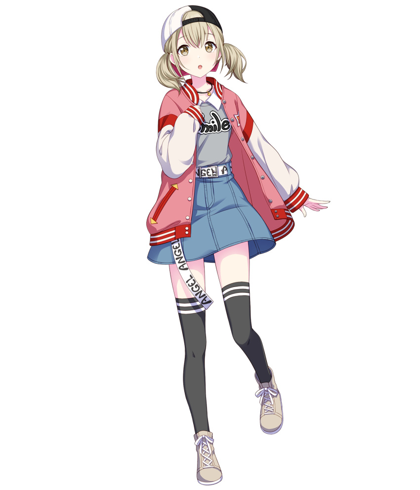 1girl :o azusawa_kohane backwards_hat baseball_cap belt black_hat black_thighhighs blonde_hair brown_eyes brown_footwear denim denim_skirt full_body grey_shirt hat highres jacket jewelry letterman_jacket long_sleeves looking_up multicolored_hat necklace non-web_source official_art project_sekai shirt shoes short_twintails skirt sneakers solo tachi-e thigh-highs transparent_background twintails white_hat