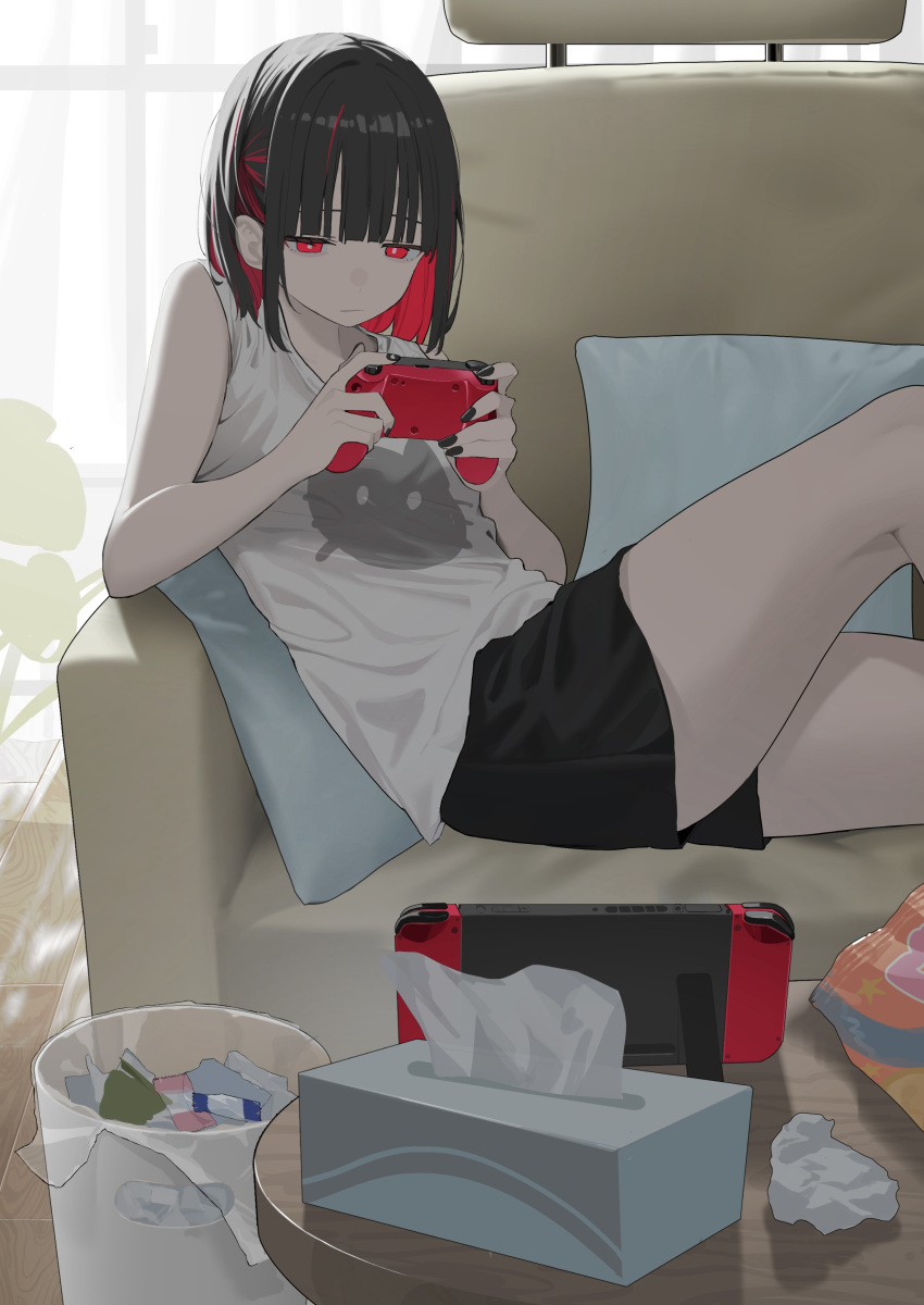 1girl 38_(sanjuuhachi) absurdres animal_print bag_of_chips bare_arms black_hair black_nails black_shorts blunt_bangs bright_pupils candy_wrapper cat_print closed_mouth colored_inner_hair controller couch expressionless feet_out_of_frame game_controller half-closed_eyes highres holding holding_controller holding_game_controller indoors knee_up medium_hair multicolored_hair nintendo_switch on_couch original pillow red_eyes redhead shorts solo tank_top tissue tissue_box trash_can used_tissue white_pupils white_tank_top