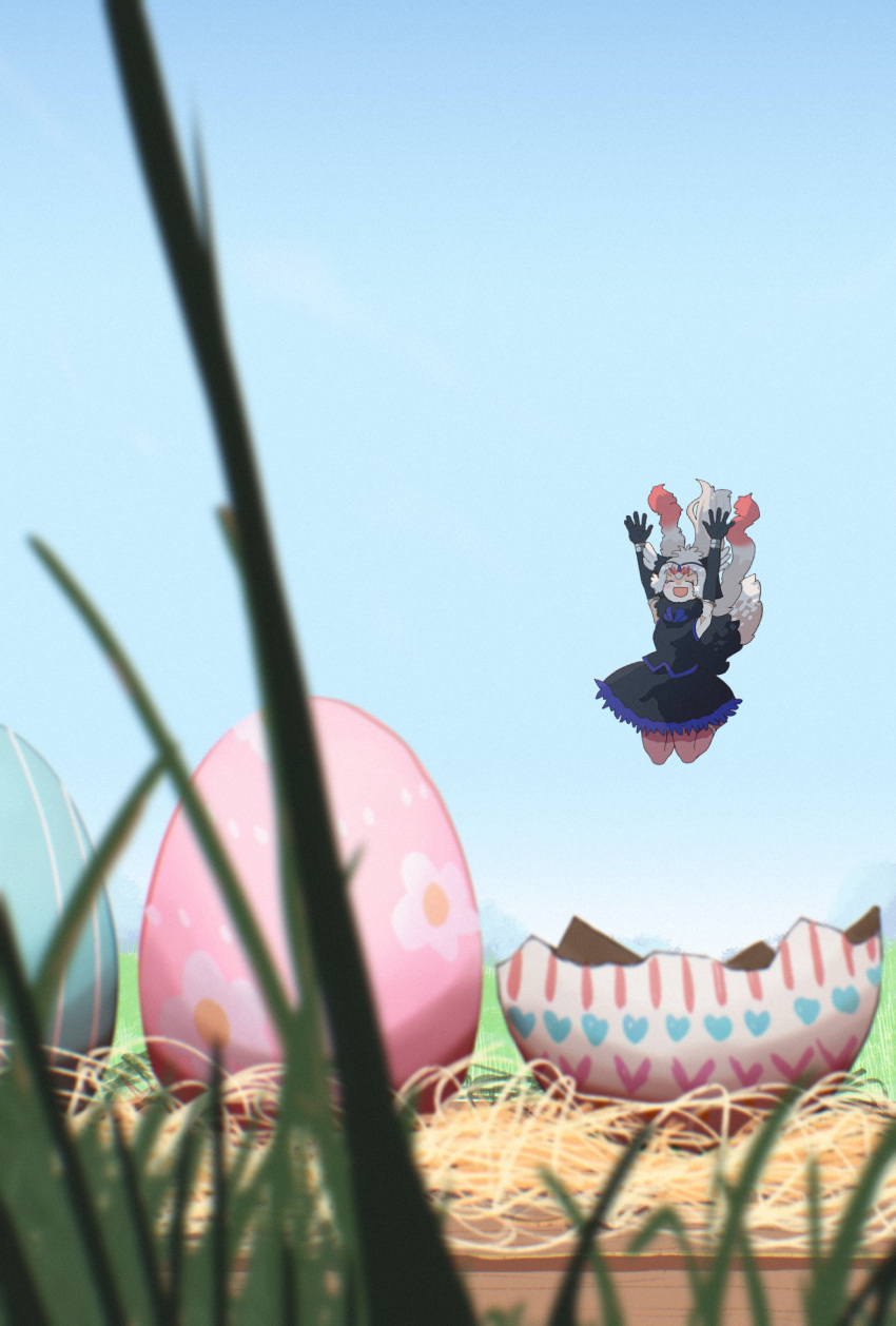 1girl bare_shoulders bird_girl bird_tail bird_wings black_dress black_gloves blue_dress dress easter_egg egg elbow_gloves forced_perspective frilled_dress frills gloves hair_between_eyes head_chain head_wings highres jumping kemono_friends midair multicolored_hair ookii_yama ostrich_(kemono_friends) pantyhose red_pantyhose red_scarf redhead scarf short_hair sidelocks sleeveless solo tail two-tone_dress two-tone_scarf white_hair white_scarf wings